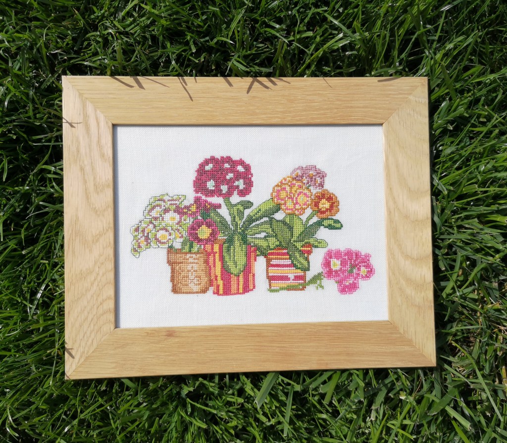 Des fleurs,des primevères, brodées au point de croix